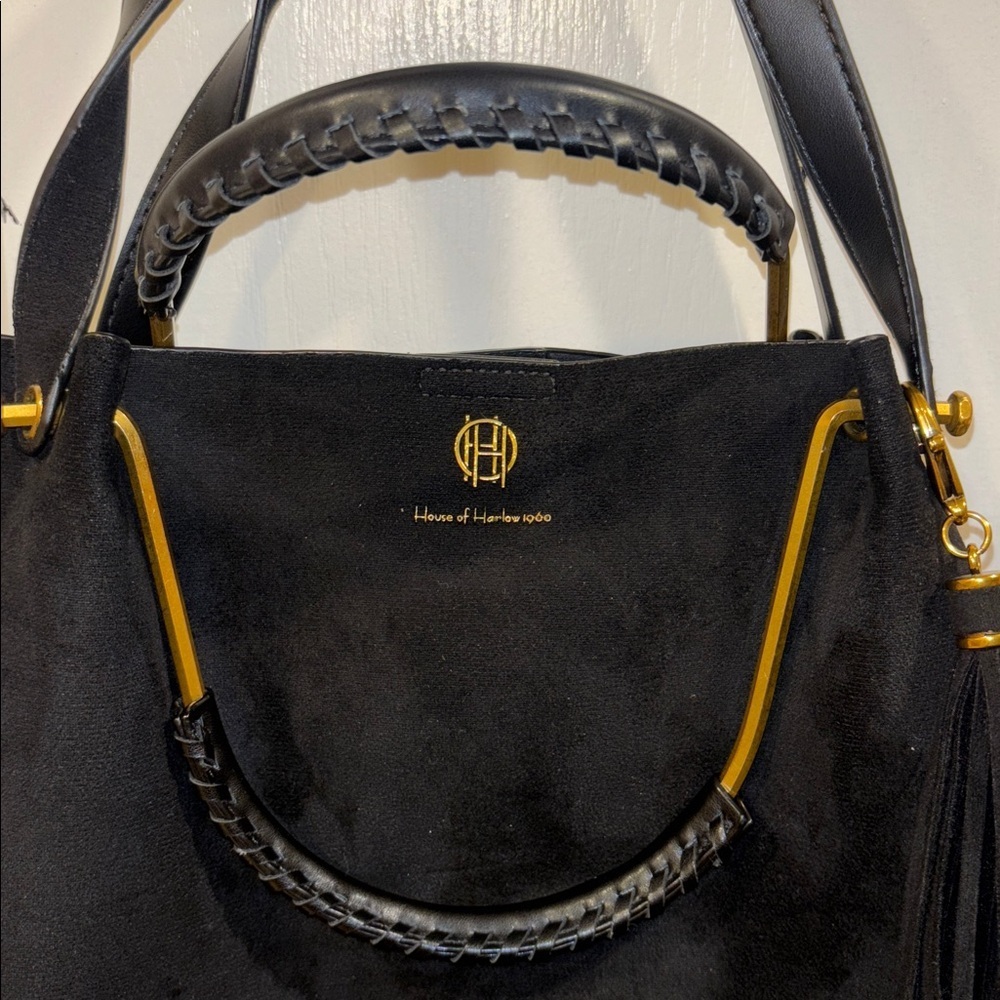 HOUSE OF HARLOW 1960 BLACK SUEDE BAG W/ SHOULDER STRAP GOLD/BRASS TONED HANDLE